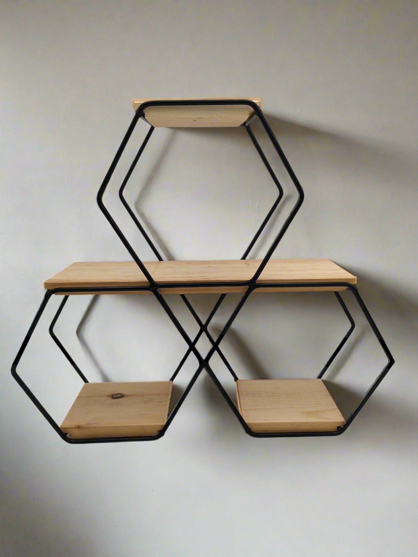 Wrought Iron Hexagon Shadow Box with Wooden Shelves