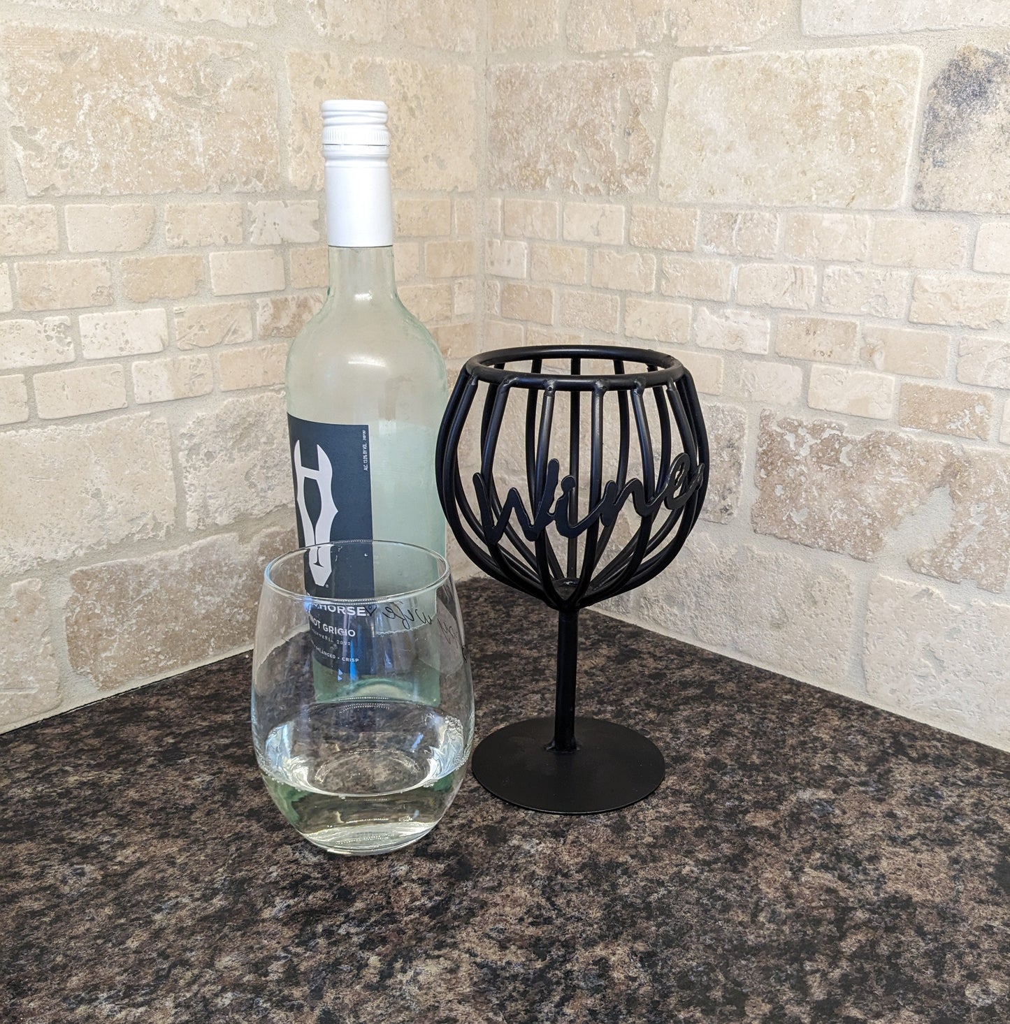 Black Wrought Iron Wine Glass Cork Holder - Handmade by Amish