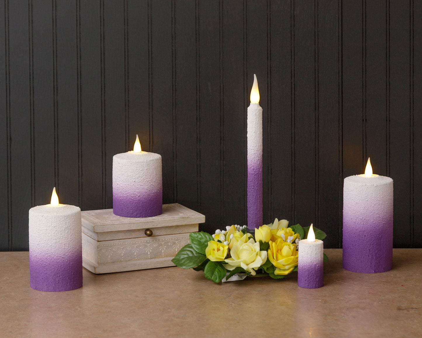 Ombre Hand-Waxed Candles - Pillar, Taper, Votives - LED flameless light