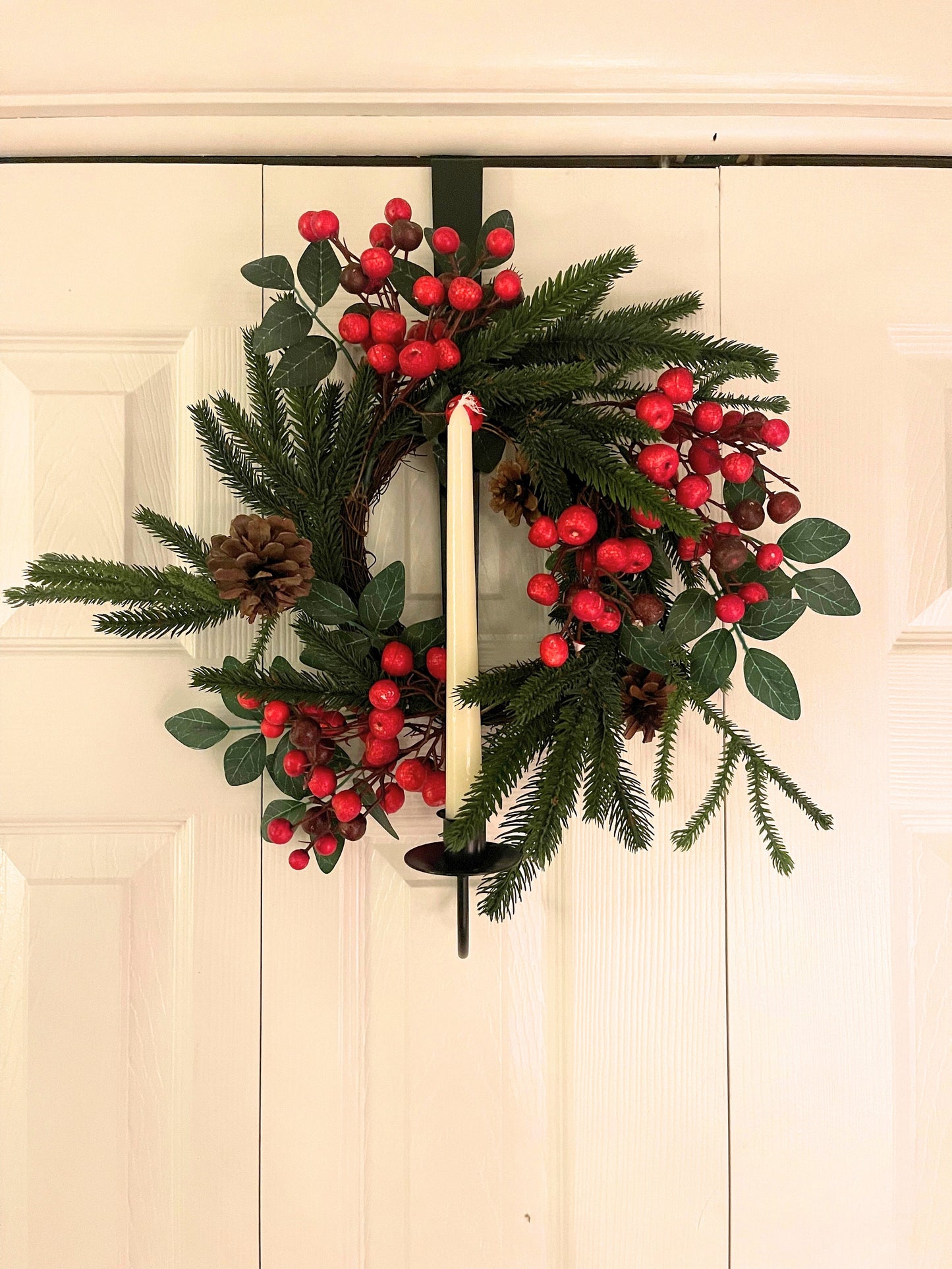 Amish Handmade Over the Door Wreath & Candle Holder - Black Wrought Iron