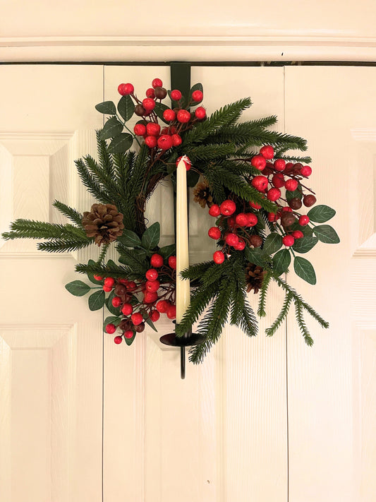 Amish Handmade Over the Door Wreath & Candle Holder - Black Wrought Iron