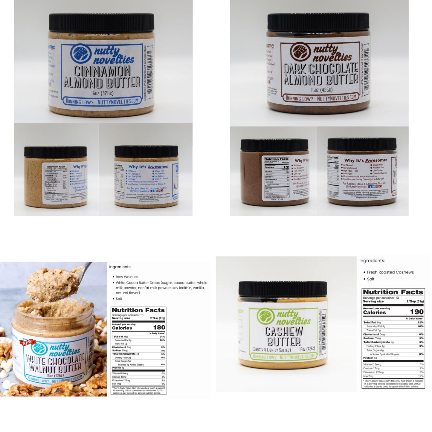 Peanut Butter and Variety of Nut Butters (5lb bulk container) - All Natural, Vegan & Gluten Free - Small batch made in PA