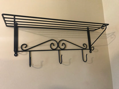 Wall Mount Shelf with 3  Hooks Wrought Iron Amish made USA