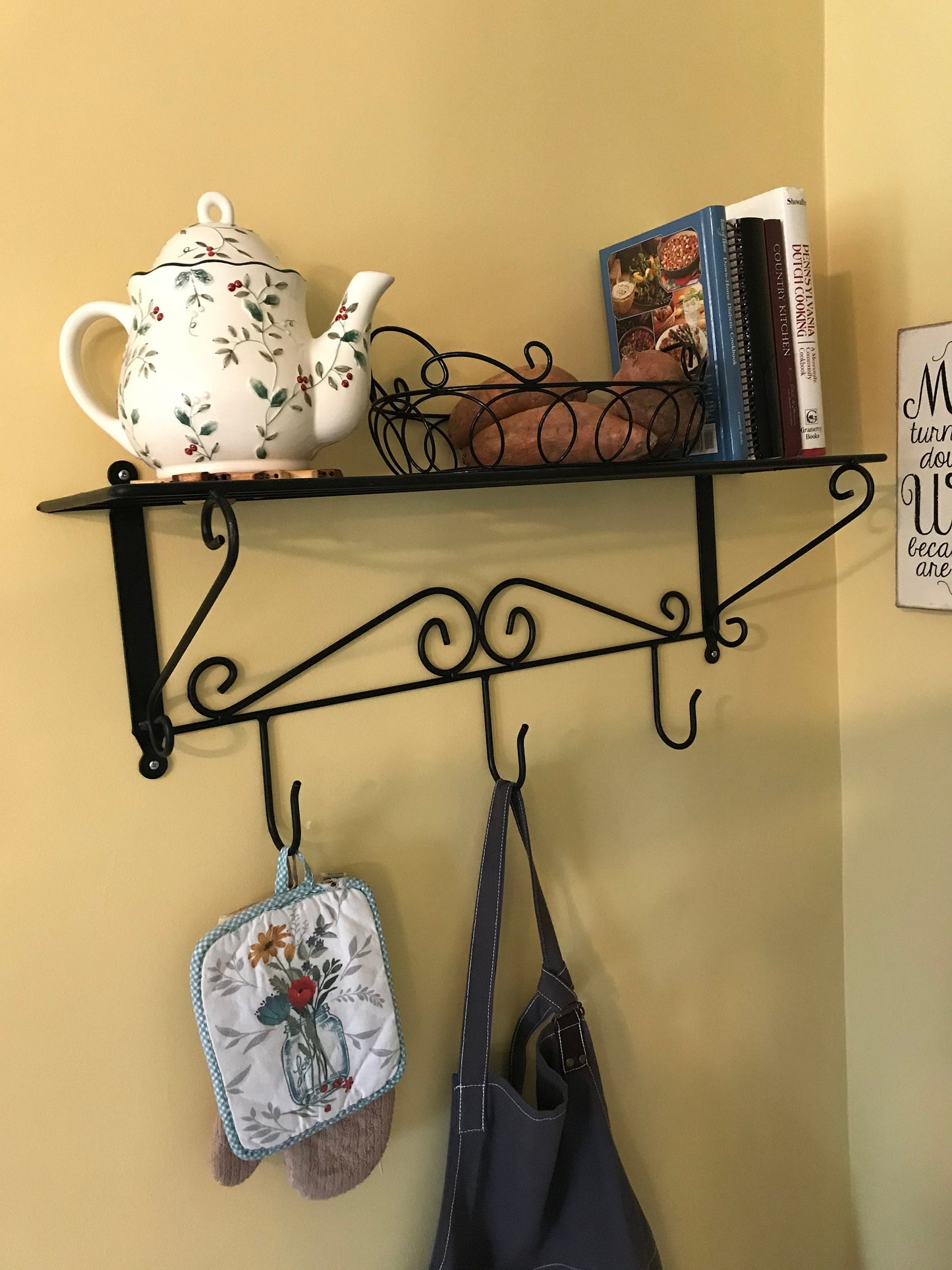 Wall Mount Shelf with 3  Hooks Wrought Iron Amish made USA