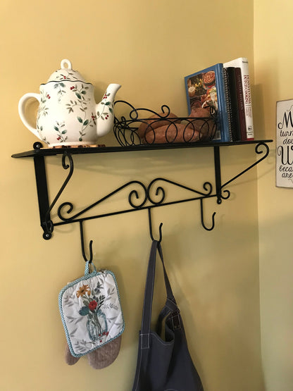Wall Mount Shelf with 3  Hooks Wrought Iron Amish made USA