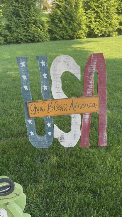 Amish Made USA Porch Sitter and Garden Stake| Rustic Patriotic Wooden Decor, God Bless America Sign