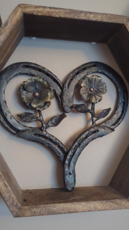 Amish Hand Forged Steel Heart Decor w/ Flower & Leaf Accents - Horseshoe,  Gift for Her, Stand Alone Decoration, Valentine's Gift.