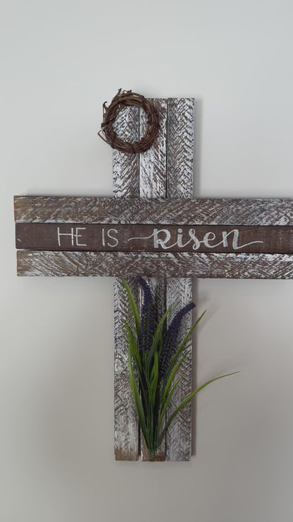 Amish Made Wooden "He is risen" Cross Decor | Wood Lathe Cross | Rustic Farmhouse Christian Home Decor | White or Natural Wood