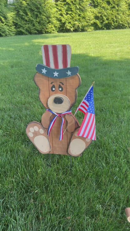 Amish Made Patriotic Wooden Bear Yard Stake | Handmade Uncle Sam Bear Garden Decor | Rustic 4th of July Outdoor Decoration