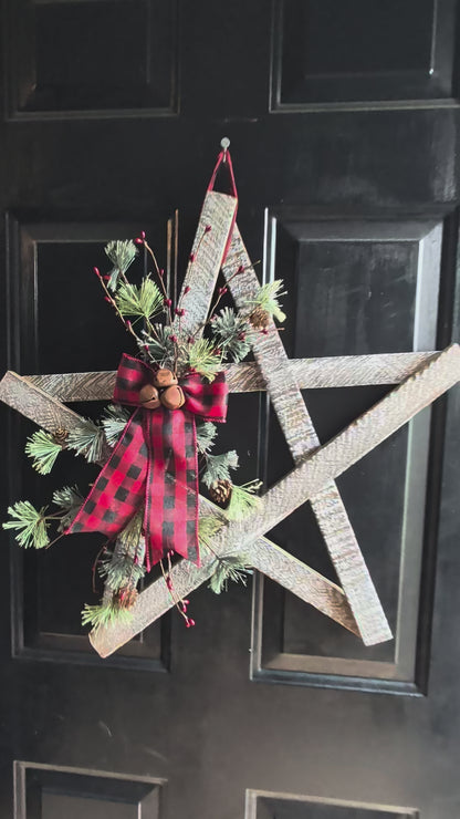Rustic Wooden Star Wreath w/ Buffalo Plaid Bow & Bells – Whitewashed or Plain, Amish Made Christmas Wall Hanging, Farmhouse Holiday Decoration