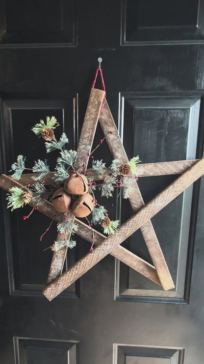 Wooden Star Ornament with Jingle Bells & Red Berries – Rustic Farmhouse Christmas Wall Decor, Amish Made