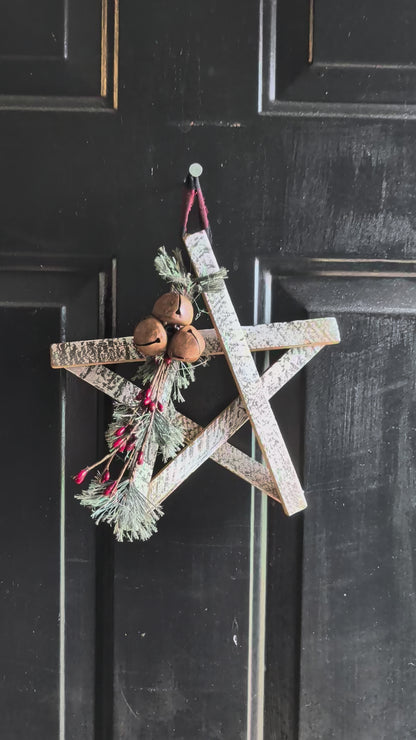 Wooden Star Ornament with Jingle Bells & Red Berries – Rustic Farmhouse Christmas Wall Decor, Amish Made