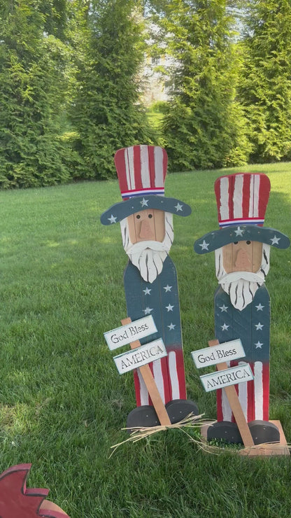 Amish Made Uncle Sam Porch Sitter | Handmade Patriotic Wooden Decor | God Bless America Sign | Rustic Americana Porch Decoration