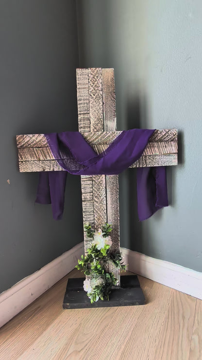 Amish Made Wooden Cross Decor | Wood Lathe Cross with Base | Rustic Farmhouse Christian Home Decor | Small or Large | White or Natural Wood