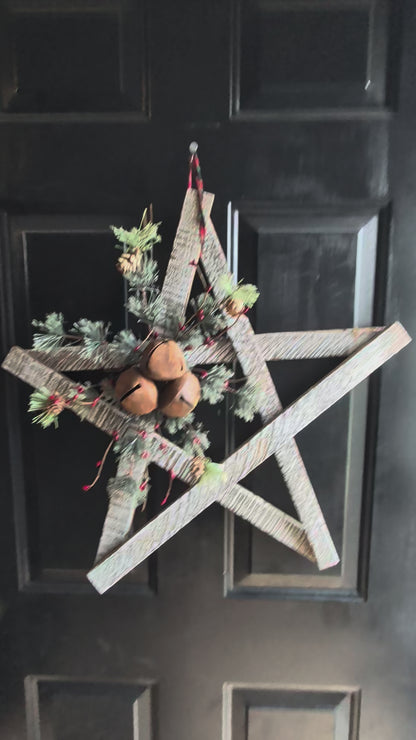 Wooden Star Ornament with Jingle Bells & Red Berries – Rustic Farmhouse Christmas Wall Decor, Amish Made