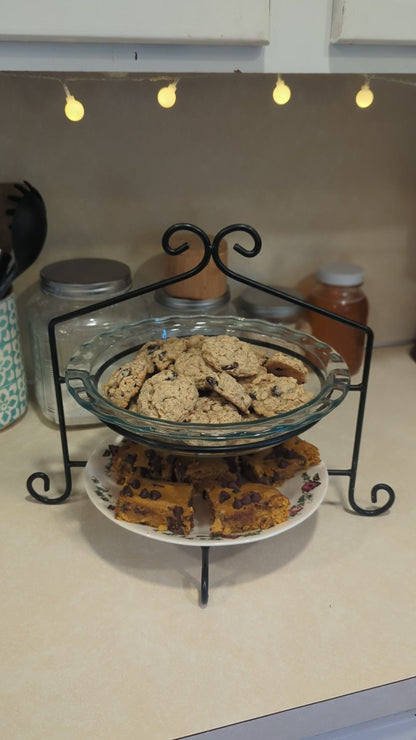 Wrought Iron Pie Stand Holder - Double Pie Plate Rack for Pastries, Glass Pyrex Pie Dish, Bakery Display, or Christmas Server-Amish handmade